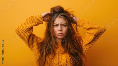 Beautiful woman showing split ends of her long hair in frustration