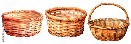 Set of wicker basket in watercolor, isolated on transparent background