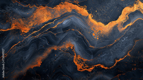 Dynamic strokes of electric orange, deep indigo, and goldenrod intertwining in a lively dance, bringing a burst of energy to a luxurious marble canvas.