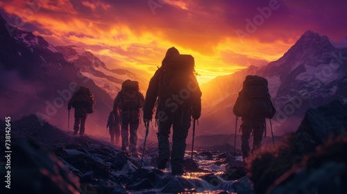 A group of hikers walk through a mountain pass at sunset