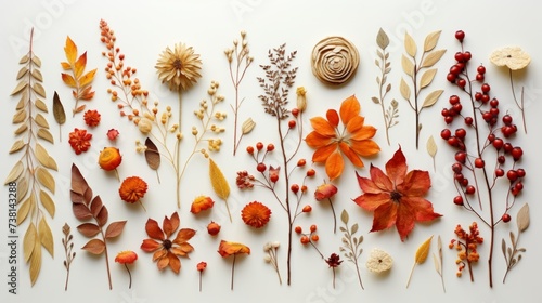 An assortment of pressed flowers and leaves in fall colors arranged on a white background