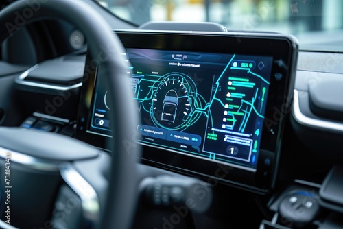 High-Tech Dashboard With Touch Screen in a Car, Close-up shot of an electric vehicle dashboard charging screen, AI Generated