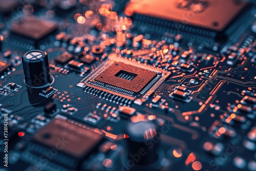 This photo shows a detailed view of a computer motherboard, highlighting the intricate network of integrated circuits and capacitors, Close-up view of a circuit board, AI Generated