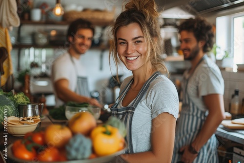 Attractive young woman holding fresh vegetables, with friends cooking in background, promoting healthy eating
