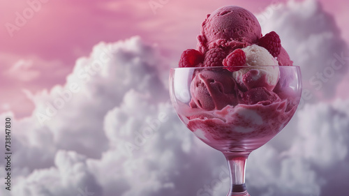 Advertising shot, fruit ice cream with raspberry and cream in glass and pink cloudy sky at the background