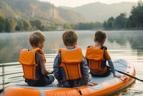 Three kids with life jackets sitting on an inflatable boat, surrounded by calm waters and hills reflecting nature's serenity