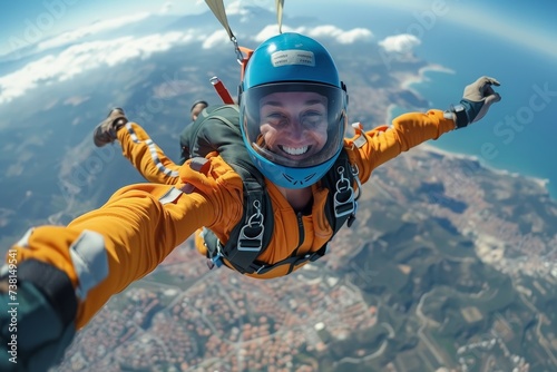 Thrilling perspective of a skydiver in an orange flight suit freefalling above a sprawling cityscape