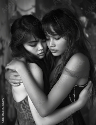 two beautiful young women hugging each other in a black and white photo of two women with their arms around each other.
