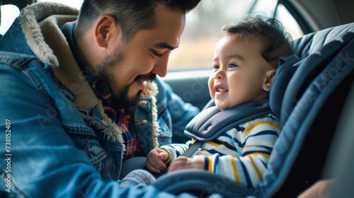smiling father looking at his baby who is securely strapped into a car safety seat, depicting a moment of bonding and responsible parenting.