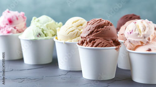Advertising shot, ice cream cups with different flavor bowls on the gray table, isolated on light blue background