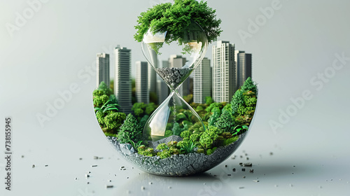 Illustrations of hourglass with green eco city Renewable energy by 2050 Carbon neutral energy or greenhouse gas emission CO2 Save energy creative idea concept
