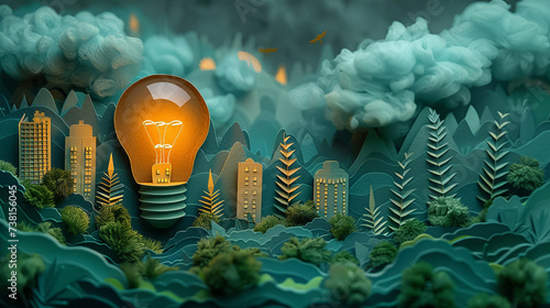 Paper cut of light bulb with green eco city Renewable energy by 2050 Carbon neutral energy or greenhouse gas emission CO2 Save energy creative idea concept