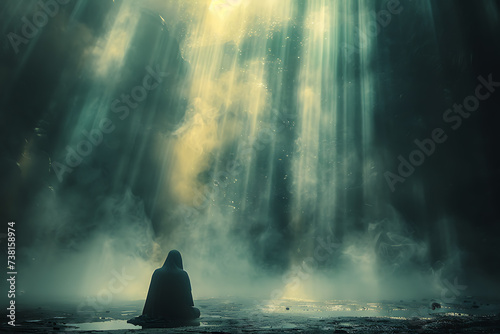 a man kneels and prays, hands folded and raised, and a ray of light falls from the sky 