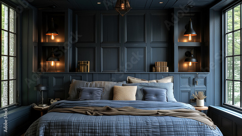 Dramatic bedroom retreat with deep, dark colors, creating atmospheric haven