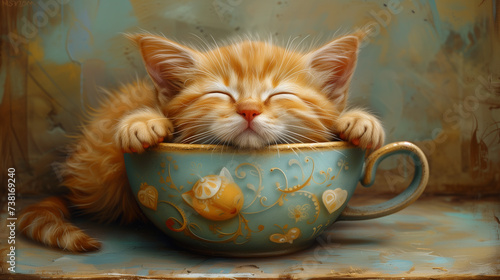 A feline is napping in a teacup, eyes shut in slumber
