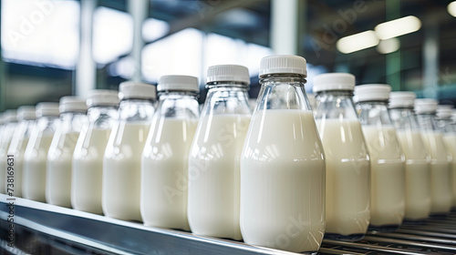 Milk in plastic bottles at factory