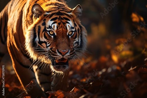 Closeup of a tiger walking slowly for hunting