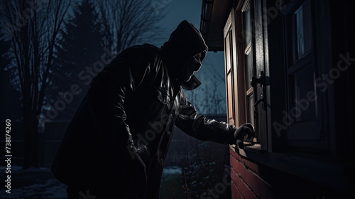 A thief covering his face wearing a hoodie tries to enter a house From the Window by force. Burglar at night. Security concept