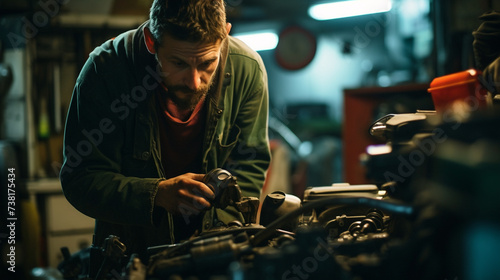 An adept, self-assured male auto mechanic working in a Car Service workshop late at night, illuminated by the warm glow of fluorescent lights, his hands greased with oil as he meticulously fine-tunes