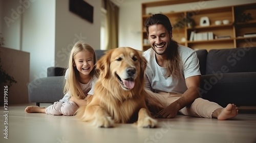 Family laugh, home and dog with child, mom and dad in living room with love in lounge. Animal, pet and mother with father and young kid with happiness in house with golden retriever and care on floor