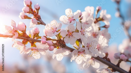Flowers of the almond tree on a sunny days. Beautiful nature scene with blooming tree. Spring flowers. Beautiful Orchard. Springtime
