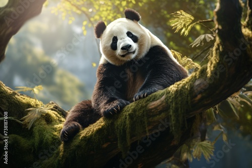 A cute panda in a forest or garden sitting and relaxing