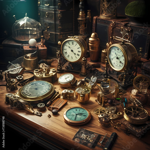 Steampunk-inspired gadgets arranged on a table.
