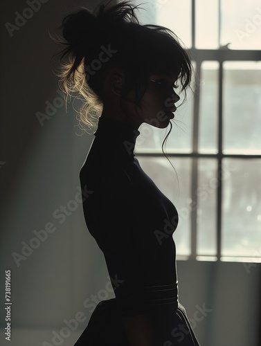 woman standing front window black dress anorexic figure cinematographic lighting neck mannequins hunger girl small waist wearing turtleneck upright