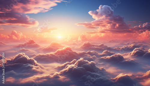 Vibrant sky, nature beauty, tranquil scene, flying high, panoramic view generated by AI