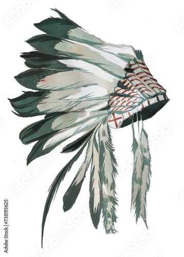 Watercolor hand painted Indian headdress illustration set isolated on a white background. Indian culture concept design.
