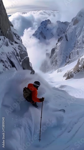 skier orange jacket skiing down steep mountain snow amazing inspiring hell argentina video oculus quest still white powder bricks kami