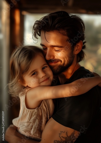 man little girl hugging soft look light beard happy expression face accurate home warm mood shoulder lane protection two men swirl connected naughty smile