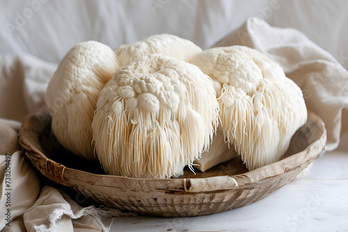 harvest of lions mane mushroom Hericium erinaceus close-up in a wooden bowl on the table Traditional oriental medicine Alternative treatment and health support