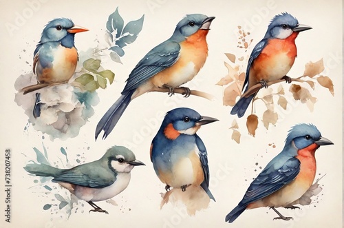 Various forest birds watercolor illustration big set. AI generated.