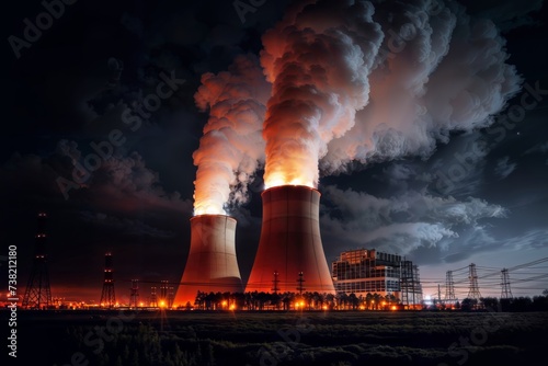 A nuclear power plant with two large cooling towers at night, releasing white smoke and emitting light.