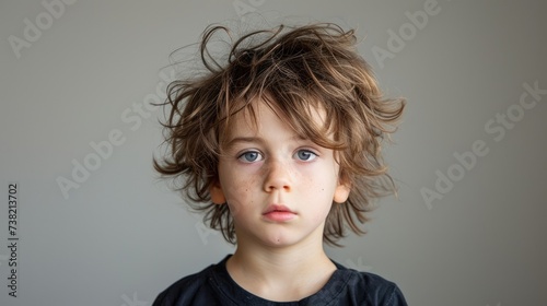 A portrait of a young boy with a blank expression and uncombed hair symbolizing the disruption and chaos that can occur in daily life during an episode of bipolar mania.