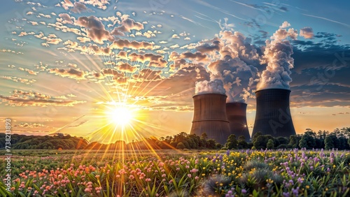 A nuclear power plant with two cooling towers at sunset.