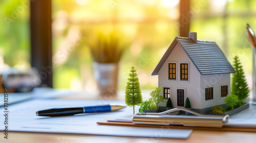 La photo montre une maquette de maison avec des arbres miniatures, posée sur un bureau avec un stylo et des plans.