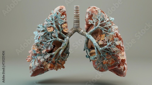 Anatomical model of human lungs with detailed trachea and bronchial tree, highlighted with artistic coloration on a neutral background.
