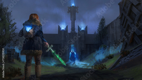 Fantasy painting of a wanderer with a sword and magic item from her quest faces a menacing evil creature in a decorative crypt - Digital 3d illustration
