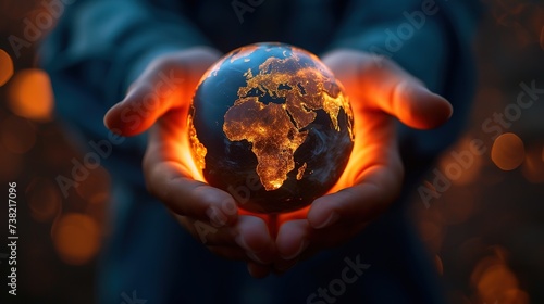 A person's hands cradle a glowing globe with Africa and Europe highlighted, against a dark backdrop with warm bokeh lights.