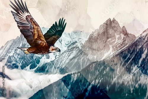 Freedom. A painting of the eagle in flight against a mountainous backdrop captures the essence of freedom and the power of nature, evoking feelings of independence and spiritual strength.