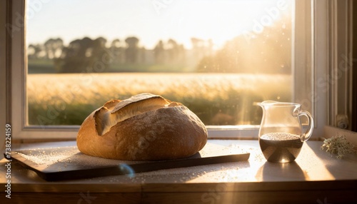 Freshly baked homemade bread on kitchen table in front on window. Tasty food.