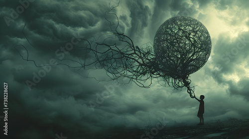 Surreal photo manipulation of a person holding a balloon made of intertwining vines, symbolizing the connection between nature and mental well-being