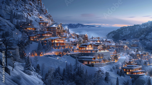 A luxurious ski resort nestled on the peak of an untouched mountain where the slopes are paved with gold and diamonds reflecting the sunlight in a dazzling display of wealth
