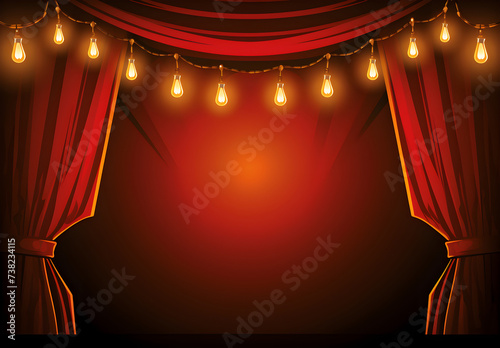 Theater stage with red curtains and garlands lights. Festive party award ceremony concept. World theatre day. International day of Theatre. Template with copy space for greeting card, invitation, flye