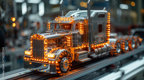 Model semi truck with orange lights on conveyor belt