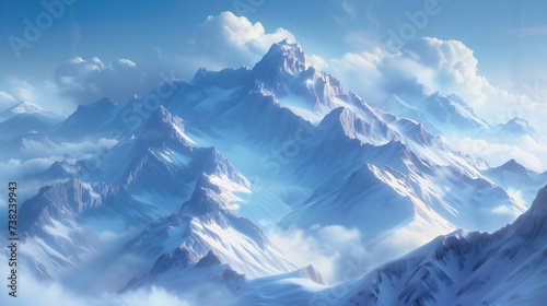 A mountainous landform covered in snow with clouds against the blue sky