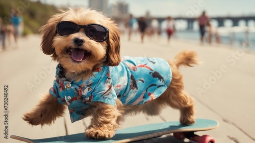 miniature schnauzer on the street A mischievous reddish Havanese puppy with oversized sunglasses and a mini Hawaiian shirt, riding a skateboard 