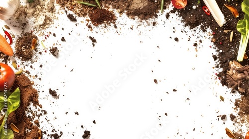 Generative AI, frame of food waste compost and soil, environmental concept, white background, biodegradable kitchen waste, composting organic food